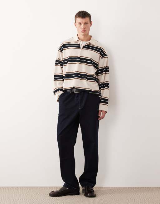 ASOS DESIGN heavyweight long sleeve rugby polo shirt in ecru and navy stripes