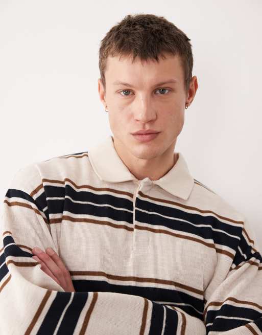 ASOS DESIGN heavyweight long sleeve rugby polo shirt in ecru and navy stripes