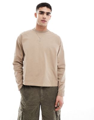 ASOS DESIGN heavyweight long sleeved boxy cropped oversized t-shirt in khaki