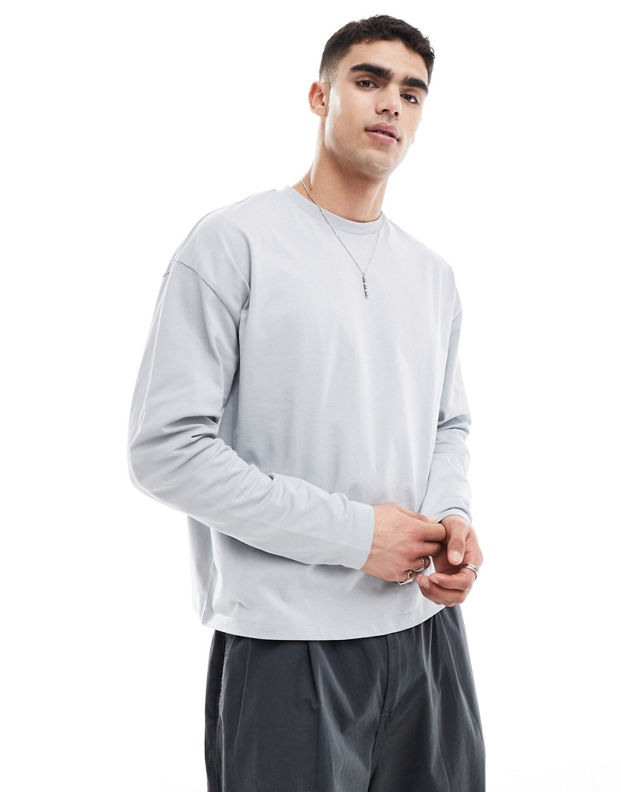 ASOS DESIGN heavyweight long sleeved boxy cropped oversized t-shirt in light grey