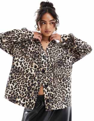 Asos Design Heavyweight Loopback Longline Cardigan In Leopard Print-multi