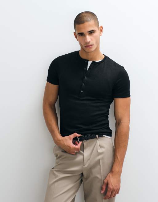 ASOS DESIGN heavyweight muscle fit henley t-shirt in black crinkle texture, 5 of 5
