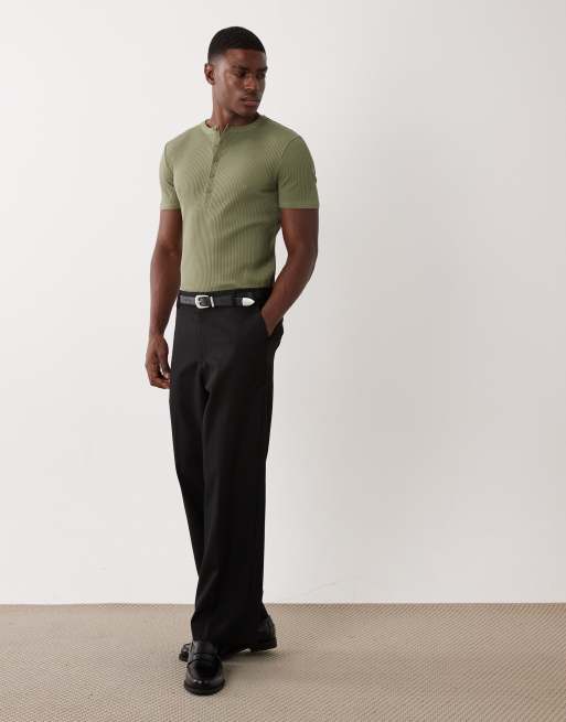 ASOS DESIGN heavyweight muscle fit henley t-shirt in khaki rib, 2 of 5