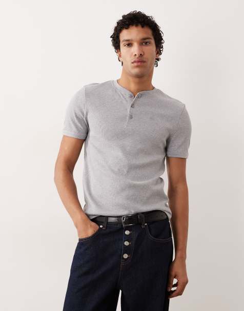 ASOS DESIGN heavyweight muscle fit henley t-shirt with chest embroidery in grey marl