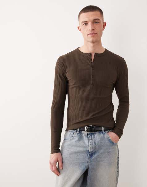 ASOS DESIGN heavyweight muscle fit long sleeve henley t-shirt  in dark brown smart rib - view 1