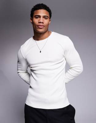 ASOS DESIGN ASOS DESIGN heavyweight muscle fit long sleeve rib t-shirt in cream-White