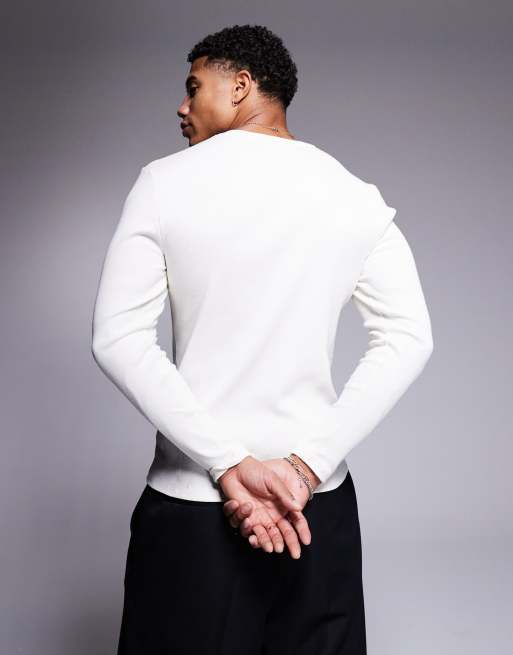 ASOS DESIGN heavyweight muscle fit long sleeve rib t-shirt in cream