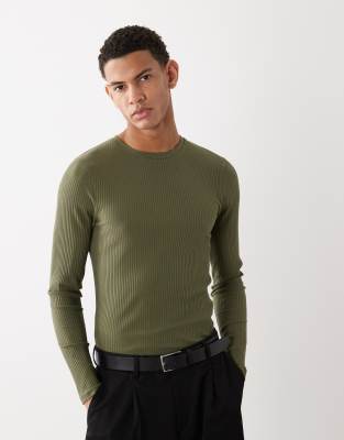 ASOS DESIGN heavyweight muscle fit long sleeve t-shirt in khaki rib-Green