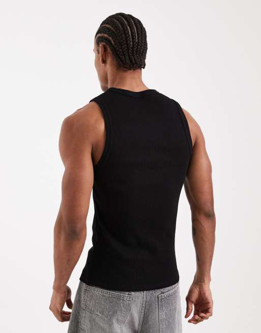 ASOS DESIGN heavyweight muscle fit vest in black rib, 3 of 5