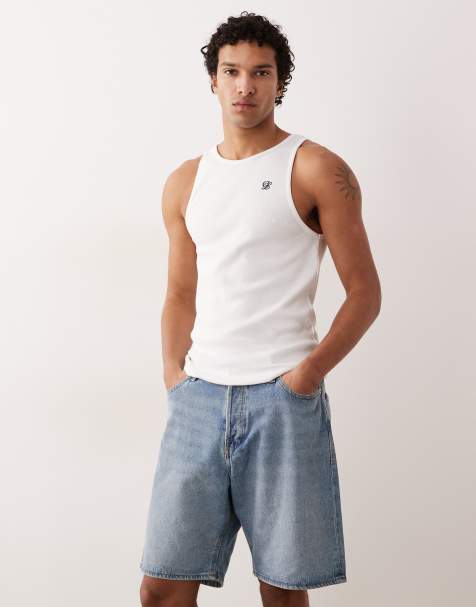 ASOS DESIGN heavyweight muscle fit vest with embroidery in white - view 1