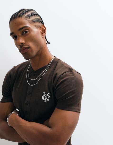 ASOS DESIGN heavyweight muscle henley t-shirt with chest embroidery in brown rib - view 1