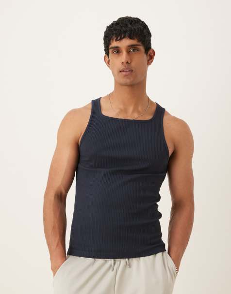 ASOS DESIGN heavyweight muscle rib square neck vest in navy - view 1