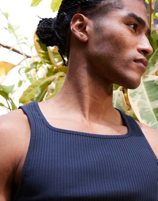 ASOS DESIGN heavyweight muscle square neck singlet in navy rib  , 3 of 4