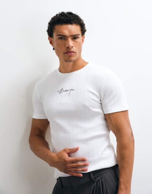 ASOS DESIGN heavyweight muscle t-shirt with front graphic in white ribbed luxe fabric, 3 of 10