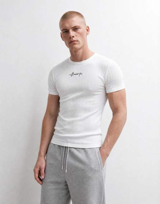 ASOS DESIGN heavyweight muscle t-shirt with front graphic in white ribbed luxe fabric, 9 of 10