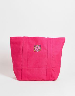 ASOS DESIGN heavyweight cotton oversized tote bag with smile embroidery in bright pink  - BPINK