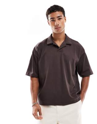 Asos Design Heavyweight Oversized Boxy Camp Collar Polo In Brown
