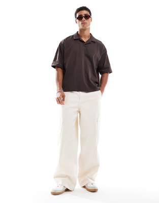 Asos Design Heavyweight Oversized Boxy Camp Collar Polo In Brown