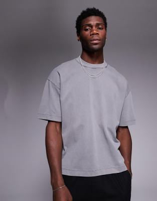 Asos Design Heavyweight Oversized Boxy Drop Shoulder Acid Wash T-shirt In Gray