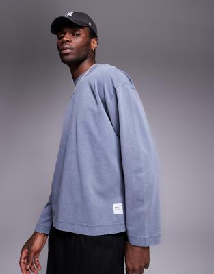 Asos Design Heavyweight Oversized Boxy Drop Shoulder Acid Wash T-shirt In Navy
