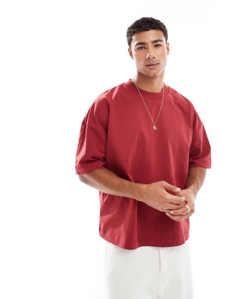 ASOS DESIGN heavyweight oversized boxy drop shoulder T-shirt in red - view 1