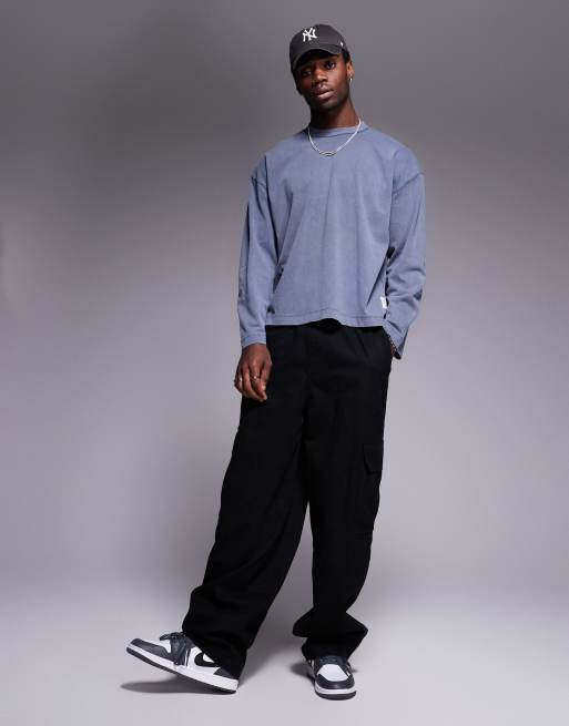 ASOS DESIGN heavyweight oversized boxy drop shoulder wash t-shirt in navy , 4 of 4