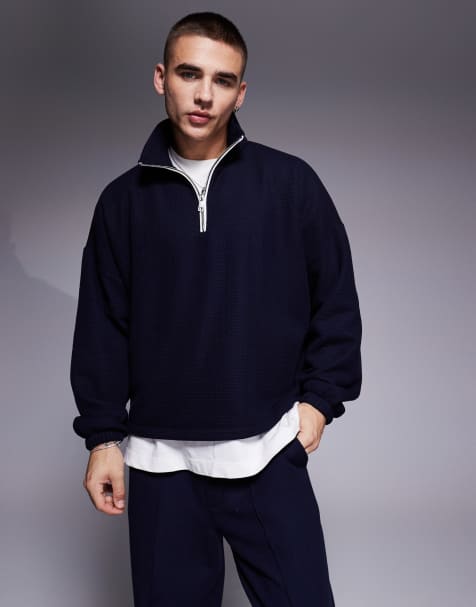 ASOS DESIGN heavyweight oversized boxy dropped shoulder sweatshirt with half zip in navy - part of a set - view 1