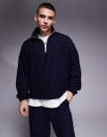 [ASOS DESIGN] ASOS DESIGN heavyweight oversized boxy dropped shoulder sweatshirt with half zip in navy (part of a set) L NAVY