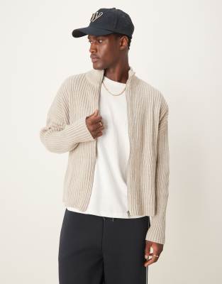 ASOS DESIGN ASOS DESIGN heavyweight oversized boxy knitted jacket in brown-Neutral