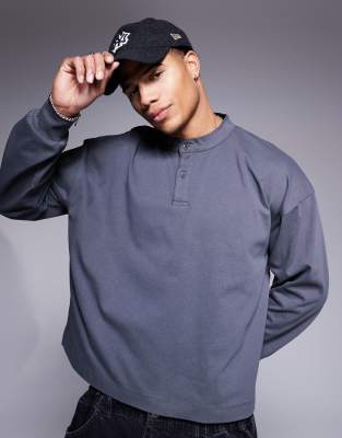 heavyweight oversized boxy long sleeve henley t-shirt with step hem in charcoal-Gray