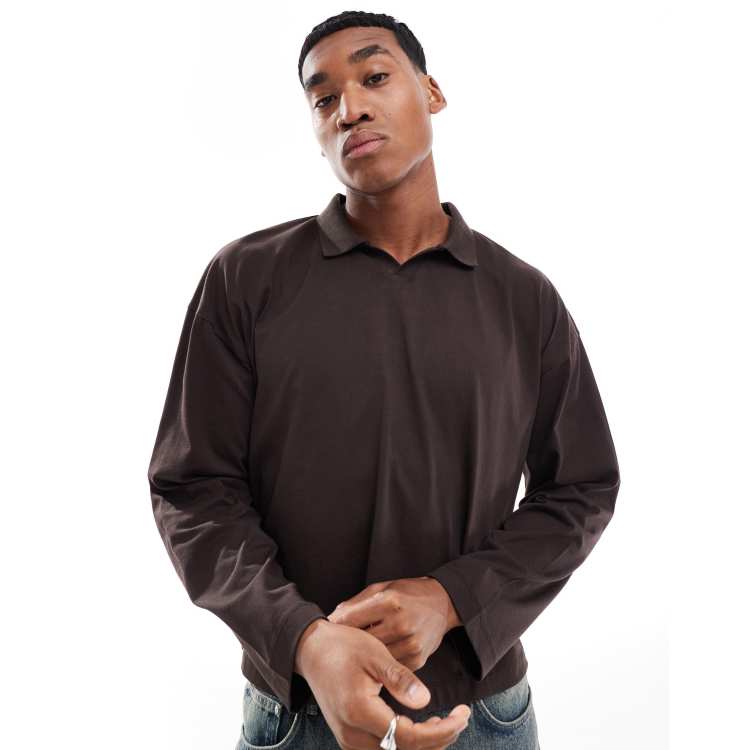 ASOS DESIGN heavyweight oversized boxy long sleeve polo in brown