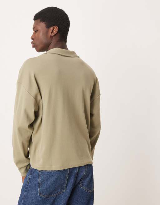 ASOS DESIGN heavyweight oversized boxy long sleeve polo in khaki , 4 of 4