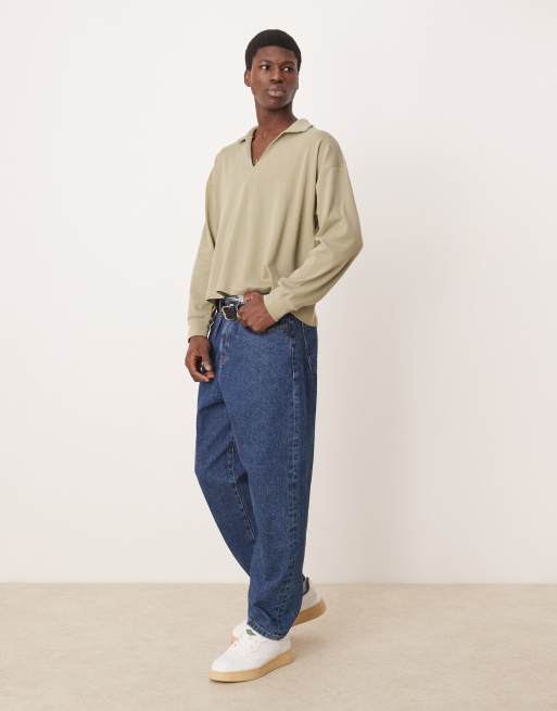 ASOS DESIGN heavyweight oversized boxy long sleeve polo shirt in khaki green , 2 of 4