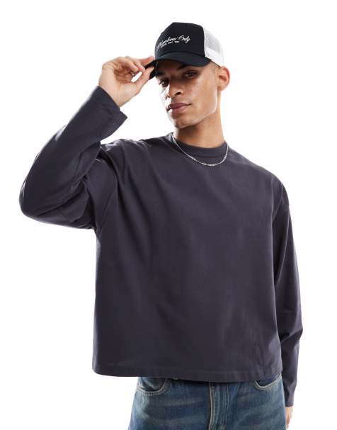ASOS DESIGN heavyweight oversized boxy long sleeve t-shirt in charcoal - view 1