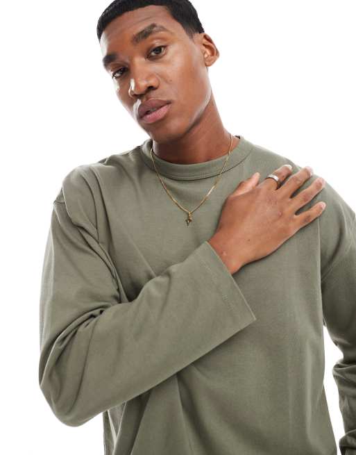 ASOS DESIGN heavyweight oversized boxy long sleeve t-shirt in khaki green 