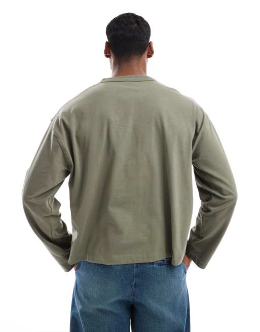 ASOS DESIGN heavyweight oversized boxy long sleeve t-shirt in khaki , 3 of 4