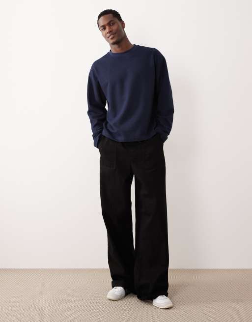 ASOS DESIGN heavyweight oversized boxy long sleeve t-shirt in navy texture , 2 of 5