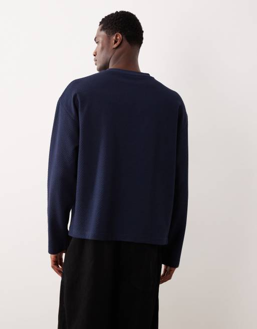 ASOS DESIGN heavyweight oversized boxy long sleeve t-shirt in navy texture , 3 of 5