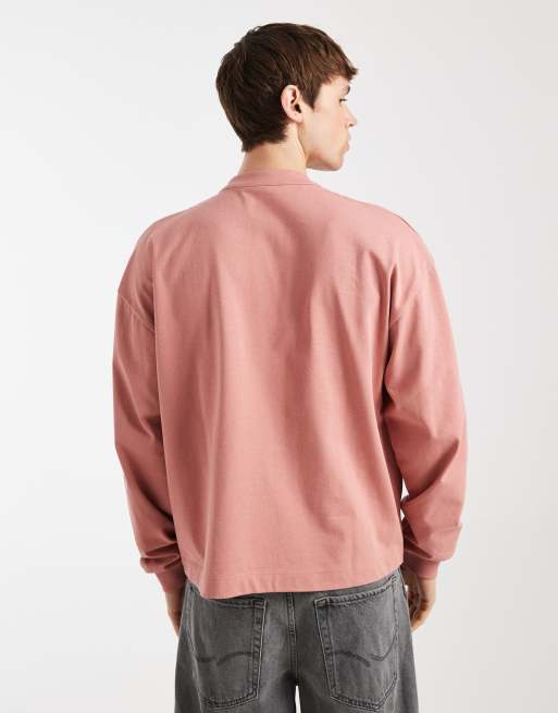 ASOS DESIGN heavyweight oversized boxy long sleeve T-shirt with henley neck in pink  , 3 of 5