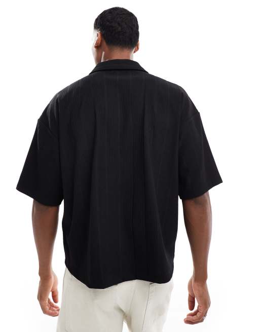 ASOS DESIGN heavyweight oversized boxy polo t-shirt in striped textured black , 4 of 4