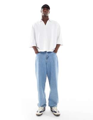 Asos Design Heavyweight Oversized Boxy Polo With Half Sleeve In White