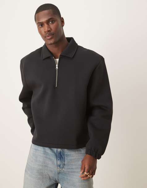 ASOS DESIGN heavyweight oversized boxy quarter zip rugby scuba-style fabric sweatshirt in black - view 1