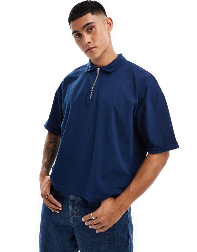 ASOS DESIGN - heavyweight oversized boxy rolled sleeve polo in navy