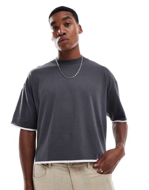 ASOS DESIGN heavyweight oversized boxy t-shirt with contrast white binding in charcoal - view 1