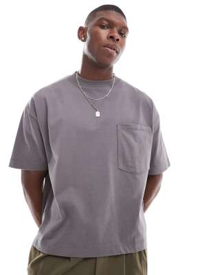 Asos Design Heavyweight Oversized Boxy T-shirt With Front Pocket In Gray