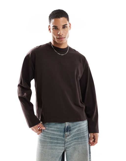 ASOS DESIGN heavyweight oversized boxy t-shirt with long sleeves in brown
