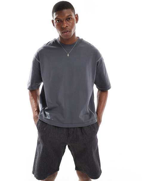 ASOS DESIGN heavyweight oversized boxy tee with contrast seam 240gsm in charcoal - view 1