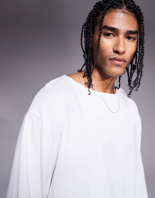 ASOS DESIGN heavyweight oversized boxy wide neck long sleeve T-shirt in white   , 3 of 4