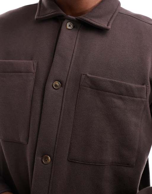 ASOS DESIGN heavyweight oversized button through jersey jacket with pocket detail in brown, 4 of 4
