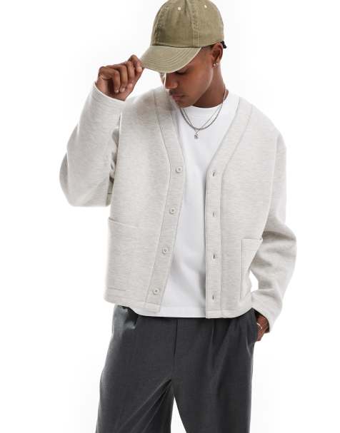 ASOS DESIGN heavyweight oversized cardigan in scuba-style fabric in gray heather - view 1